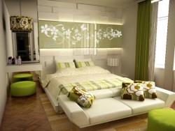 шторы в спальне к стенам серовато-зеленого цвета